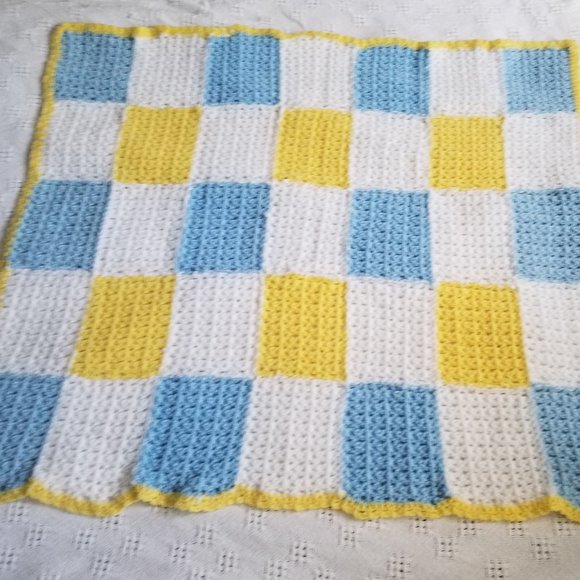 Blue White Yellow Hand Crocheted Baby Blanket - Picture 1 of 3